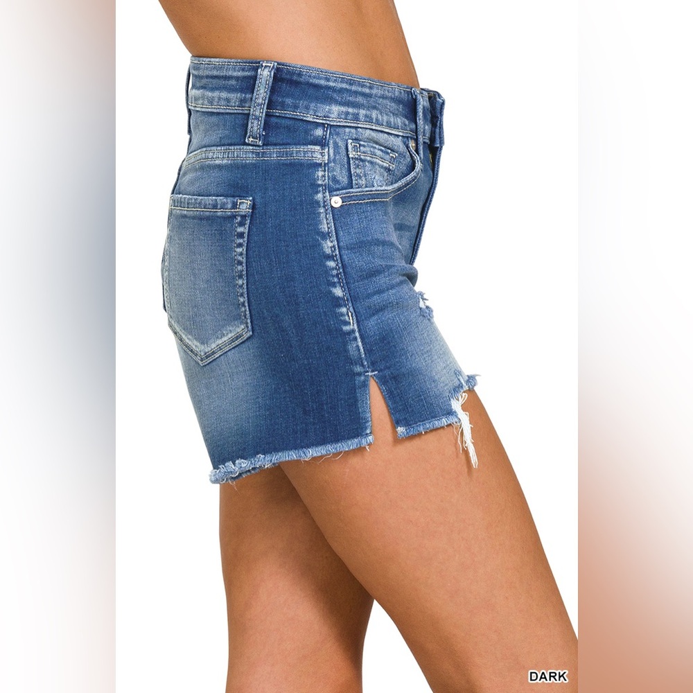 Zenana Outfitters Dark Blue Distressed High-Waist Jean Shorts - Picture 2 of 8
